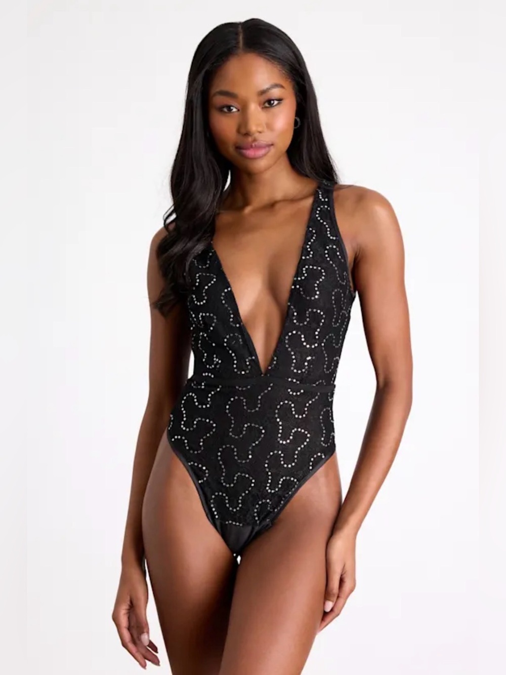 NWT Lulu’s Black Lace Rhinestone Sleeveless Plunge Bodysuit - Medium